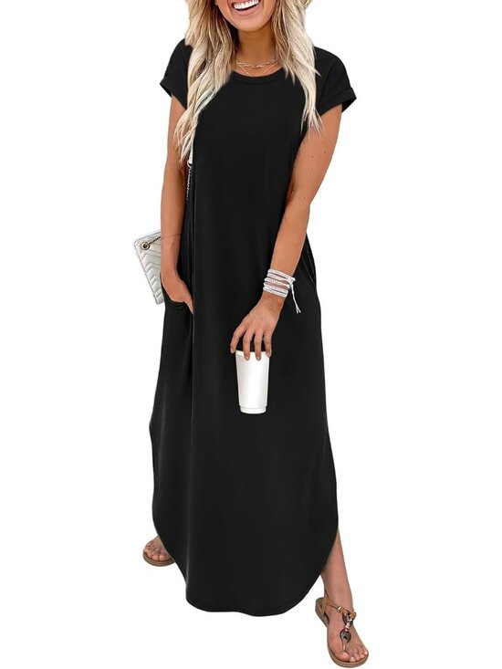 Dresses & Skirts - Women's Black Summer Cap Sleeves Crewneck Beach Casual Maxi Dress with Pockets